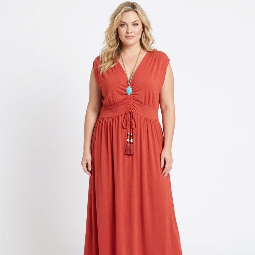 NINE WEST 2X Rust Orange Cinched Waist & Drawstring Plus Size V-Neck Maxi Dress